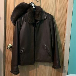 Brown leather jacket, removable fur lining, leather hat, fur lining